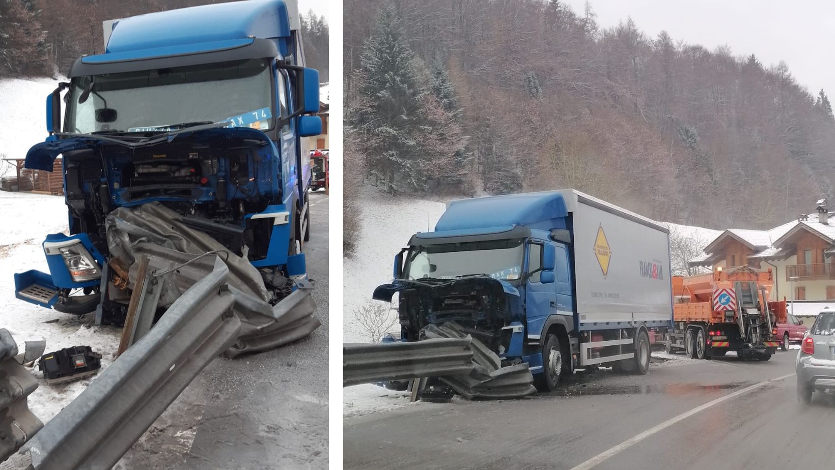 Bondo Camion Scivola Per La Neve Sullasfalto E Centra Il Guard Rail